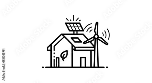 Eco-friendly house with solar panel and wind turbine, sustainable energy concept icon
