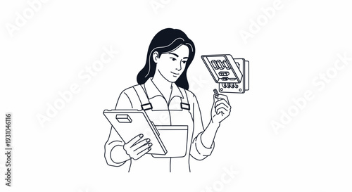 Female engineer inspecting electrical panel with clipboard, schematic diagram