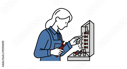 Female electrician working on electrical panel with tools, circuit breaker maintenance