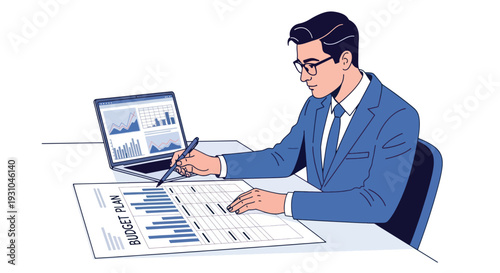 Businessman analyzing data on laptop and papers.