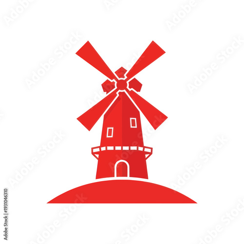 Foto Red windmill icon on white background, simple flat design