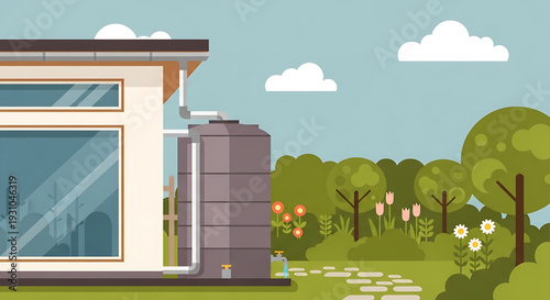 Sustainable living concept with a modern house utilizing an efficient rainwater harvesting system to conserve water for lush garden landscaping and eco-friendly practices