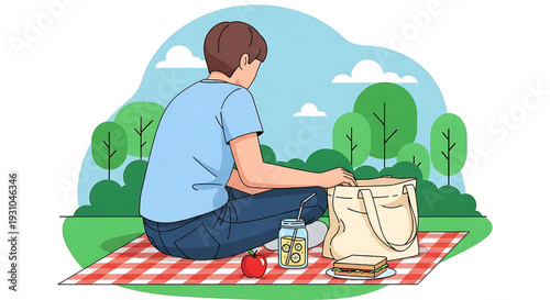 Picnic in the park with food and drinks, a person enjoying a delightful outdoor meal