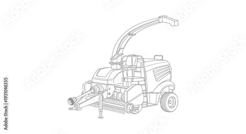 Agricultural Forage Harvester Machine Line Art Drawing, Farm Equipment Illustration
