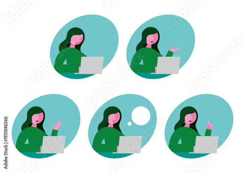 パソコンと右向き女性のアイコンイラストセット（楕円）