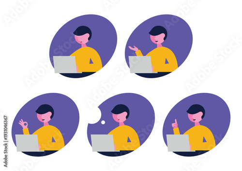 パソコンと左向き男性のアイコンイラストセット（楕円）