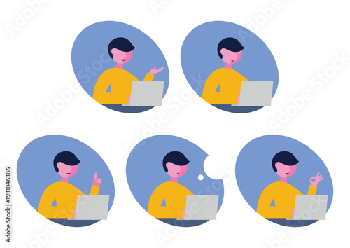 パソコンと右向き男性のアイコンイラストセット（楕円）