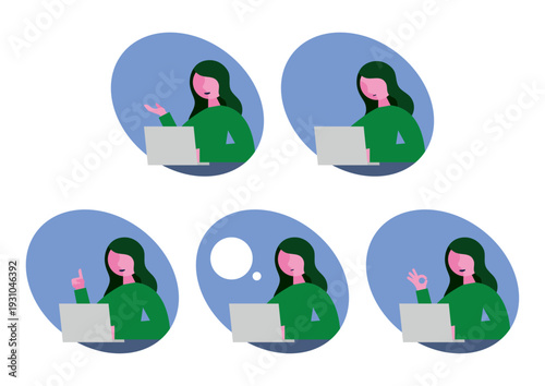 パソコンと左向き女性のアイコンイラストセット（楕円）