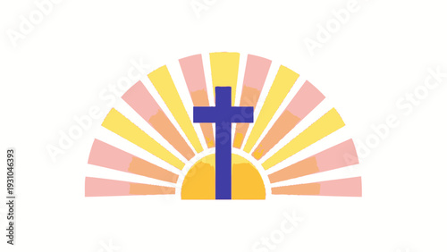 Blue Christian Cross with Sunburst Design.
