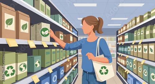 Conscious consumer making sustainable shopping choices, selecting eco-friendly and organic products from store shelves, emphasizing environmental responsibility and healthy lifestyle