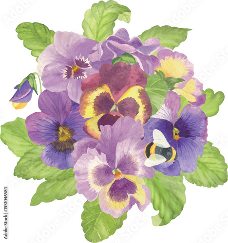 Watercolor Pansy Bouquet with Leaves Vector Illustration