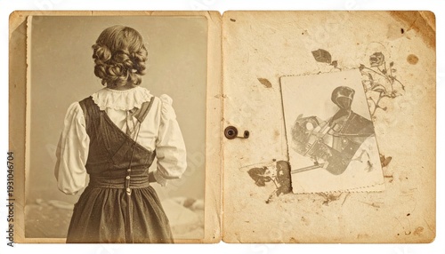 Antique portrait album open to two sepia-toned photos