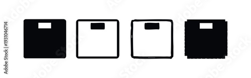 Set of four abstract vertical bathroom scale silhouette icons in different design styles, ranging from solid to pixelated textures.