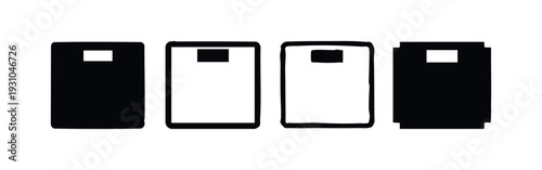 Black and white vertical bathroom scale icons in various minimalist styles, including solid, outline, hand-drawn, and pixelated.