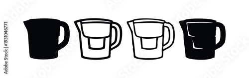 Water filter jug icons set. Pitcher for purifying tap water vector symbols. Household kitchen appliance illustrations