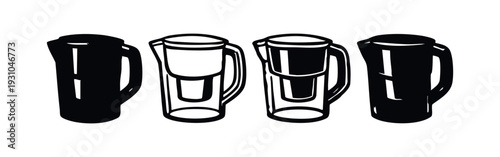 Water filter pitcher vector icons. Drinking water jug for home use symbols. Clean water filtration system illustrations