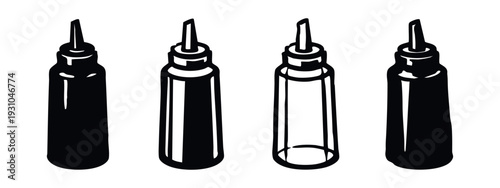 Squeeze dispenser bottle vector icons. Kitchen condiment container set. Liquid packaging symbols and illustrations