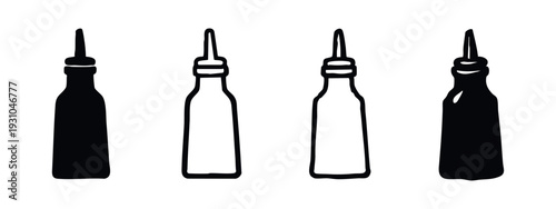 Condiment bottle vector icons set. Sauce dispenser silhouettes for kitchen or restaurant. Food packaging symbols