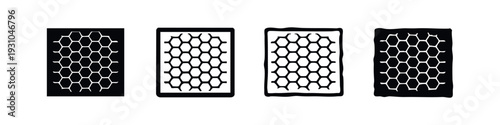 Set of four black and white honeycomb pattern icons in rectangular shapes, some with hand-drawn style on white.