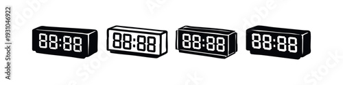 Isometric digital clock display icons set showing 00:00, with 3D perspective and various styles