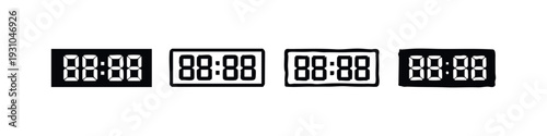 Diverse digital clock display icons set showing 00:00, with flat, outlined, and hand-drawn styles