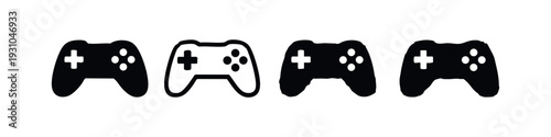Collection of four minimalist video game controller icons in various styles on a white background.