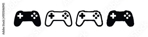 Four stylized video game controller icons, showcasing solid and hand-drawn outline variations on white.