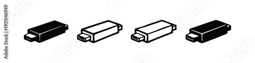 Collection of four isometric USB flash drive icons in solid and outlined black and white styles.