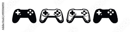 Horizontal arrangement of four distinct video game controller icons, solid and detailed outline variations.