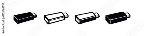 Four isometric USB flash drive icons with hand-drawn and solid styles on a clean white background.