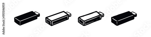Isometric set of four USB flash drive icons, presented in crisp solid and outline black and white styles.