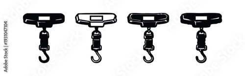 Set of hand scales and hook weighing scales in diverse black silhouette styles, isolated on white background.