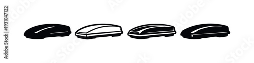 Set of car roof boxes and cargo carriers in various hand-drawn silhouette styles, isolated on white.