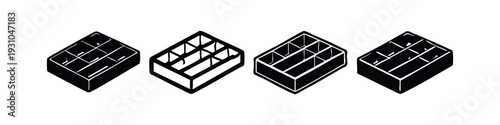 Isometric Ice Cube Tray Icons Set, 3D Empty Grid Organizer Graphic, Simple Storage Container Symbol Collection