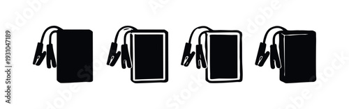 Car Jump Starter with Jumper Cables Icon Set in 2D View, Automotive Emergency Power Supply Graphic