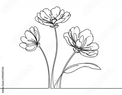 Three abstract flowers sketched with simple black outlines