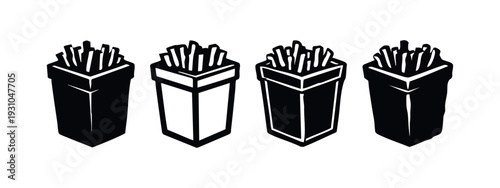 Set of four realistic black french fries cups or packets, fast food potato snack icons, vector illustration on white background.
