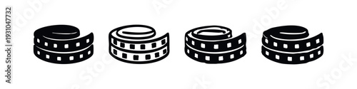 Hand Drawn Set of Coiled Film Strip and Movie Reel Vector Icons