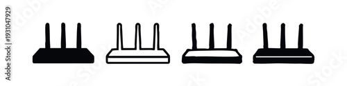 Set of four icons depicting a base with three vertical posts, front view, varying styles.
