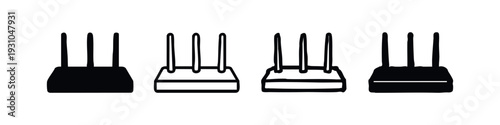 Wi-Fi Router Icons Set with Antennas, Front View Wireless Network Devices in Various Styles