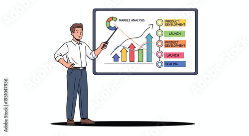 Businessman presenting colorful data on screen.