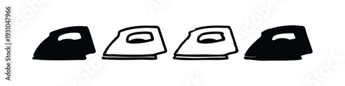 Four simple clothes iron icons in black and white, a household appliance for laundry and pressing fabric.