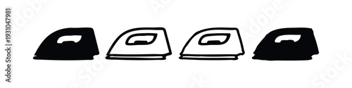 Simple black and white icons of clothes irons, featuring four distinct hand-drawn minimalist styles.
