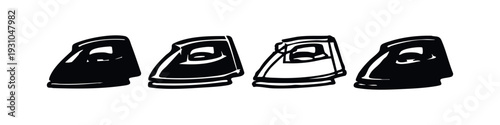 Detailed set of four clothes iron icons in black and white, illustrating modern household garment pressing appliances.