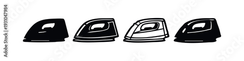 Four black and white clothes iron icons with varying details, depicting simple yet expressive household pressing tools.
