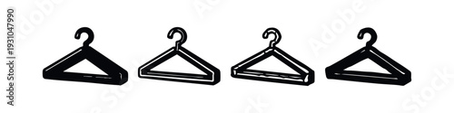 Detailed set of four clothes hanger icons in black and white, illustrating modern garment organization tools.
