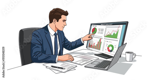 Businessman analyzing data on laptop screen.