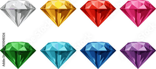 Colorful diamond gemstones collection, shiny crystal vector illustration with luxury jewel icons for jewelry design element set
