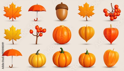 Autumnal array leaves, pumpkins, berries, acorn, umbrellas