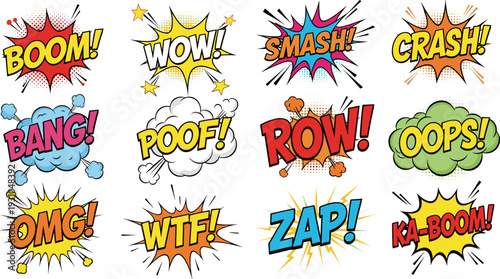 Comic sound effects collection, pop art speech bubbles vector illustration with boom smash wow crash text set